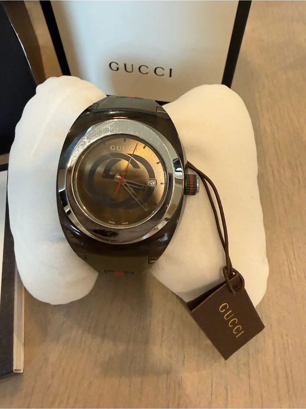 Gucci Men's Green and Gold Logo Dial Watch with Web Stripe